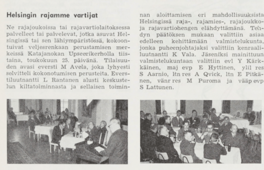 Mustavalkoinen arkistokuva, jossa ryhmä ihmisiä istuu kokouksessa Katajanokan Upseerikerholla, keskustelemassa rajamieskillan perustamisesta Helsingissä vuonna 1965.