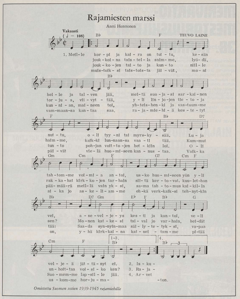 Rajamiesten marssi -nuotin sivu, sanat Antti Henttonen, sävel Teuvo Laine, omistettu Suomen sotien 1939–1945 rajamiehille.