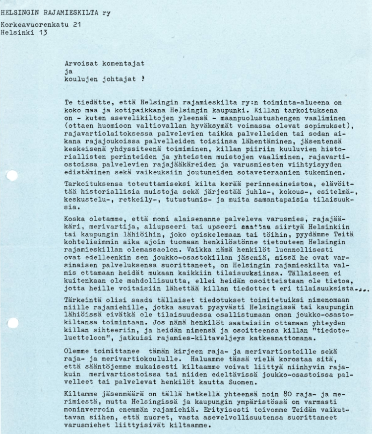 Skannattu kirje: Helsingin Rajakilta esittelee toimintaansa komentajille ja koulujen johtajille (1966), Korkeavuorenkatu 21, Helsinki.